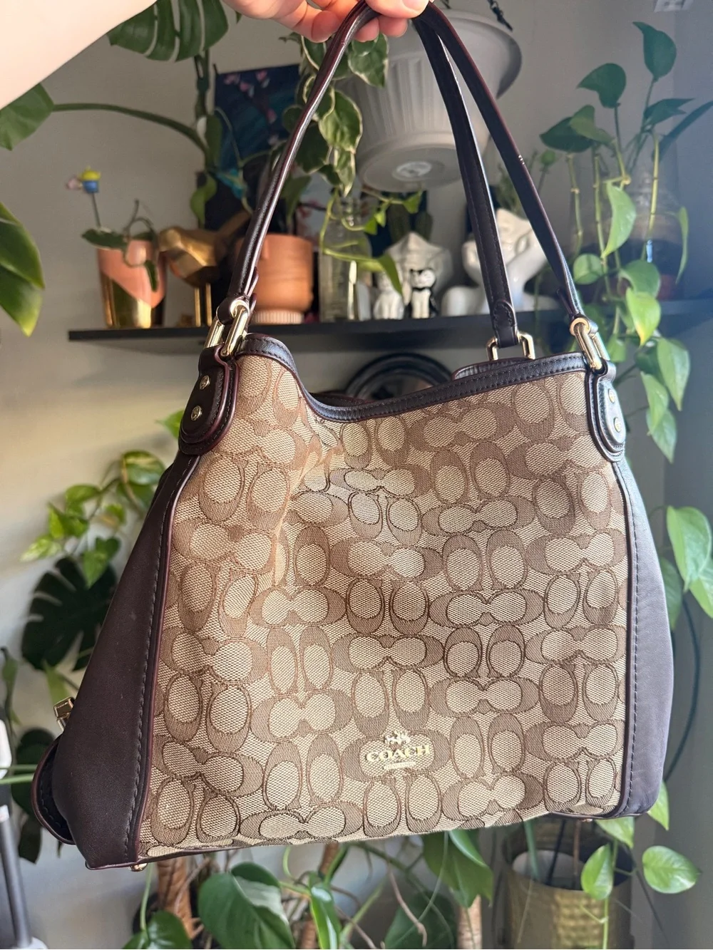 Coach B1732-57933 White Brown Leather - Tan Signature Canvas - Shoulder Bag